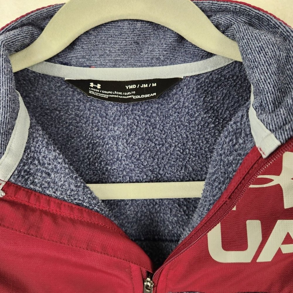 Under Armour Cold Gear Jacket Youth Size M Loose Fit 1/4 Zip Maroon/Gray Stripe - Picture 9 of 11